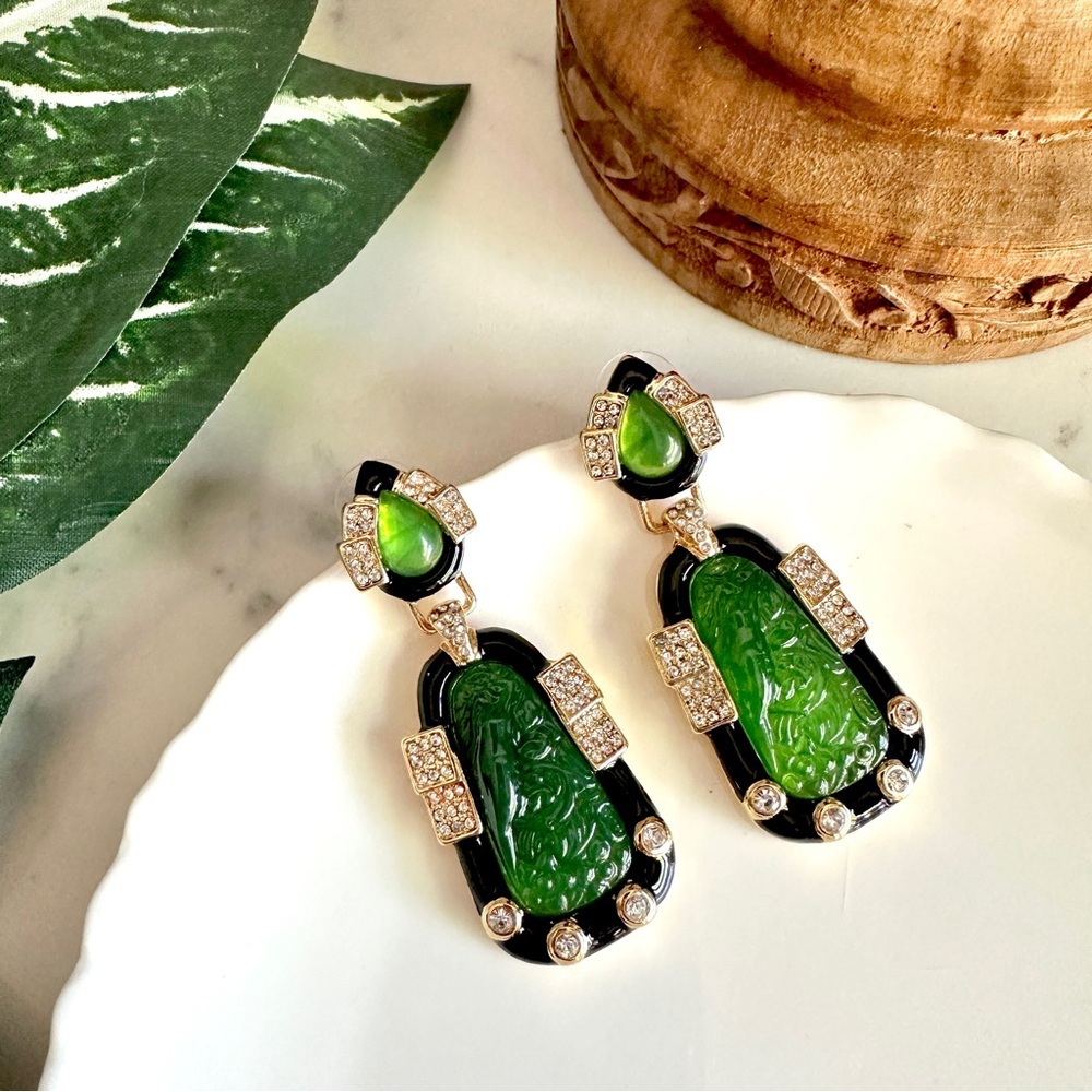 Vintage Style Faux Jade Inlaid Bird Earrings Chinese Art Deco Asian Gift NEW